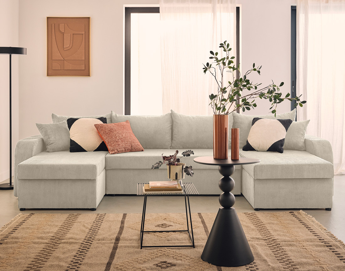 Canapé panoramique en U convertible avec coffres 7 places en velours côtelé Valos