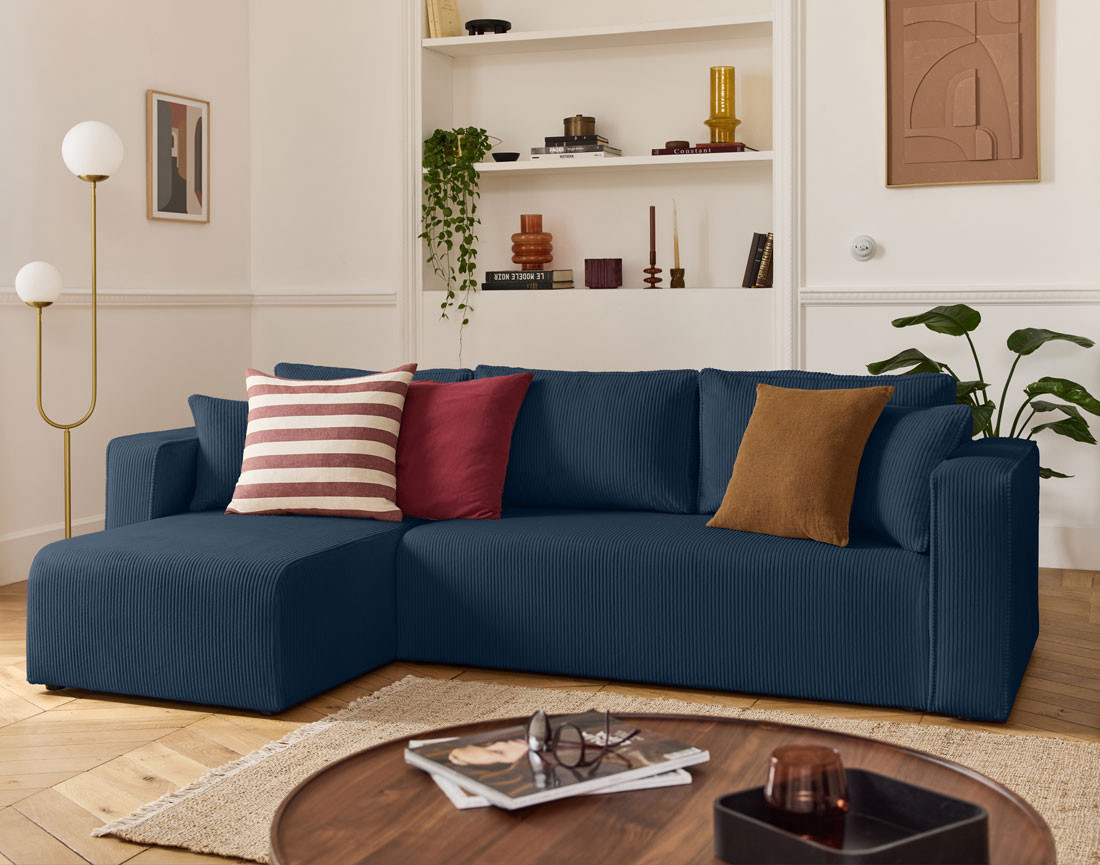 Housse en velours côtelé pour canapé d'angle réversible 4 places Topaze