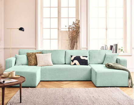 Canapé panoramique en U 7 places convertible avec coffre en velours texturé Topaze