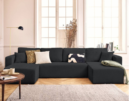 Canapé panoramique en U 7 places convertible avec coffre en velours texturé Topaze