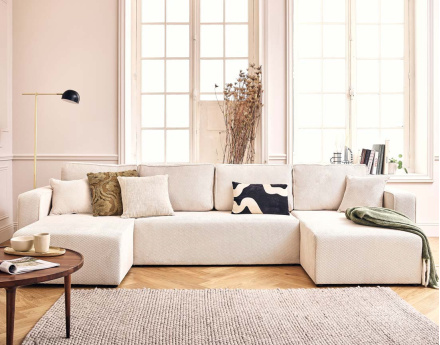 Canapé panoramique en U 7 places convertible avec coffre en velours texturé Topaze