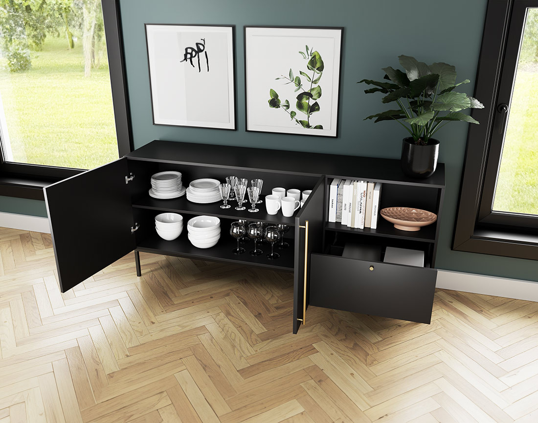 Buffet bas noir 2 portes, 1 tiroir et 1 niche 180 cm Felicia