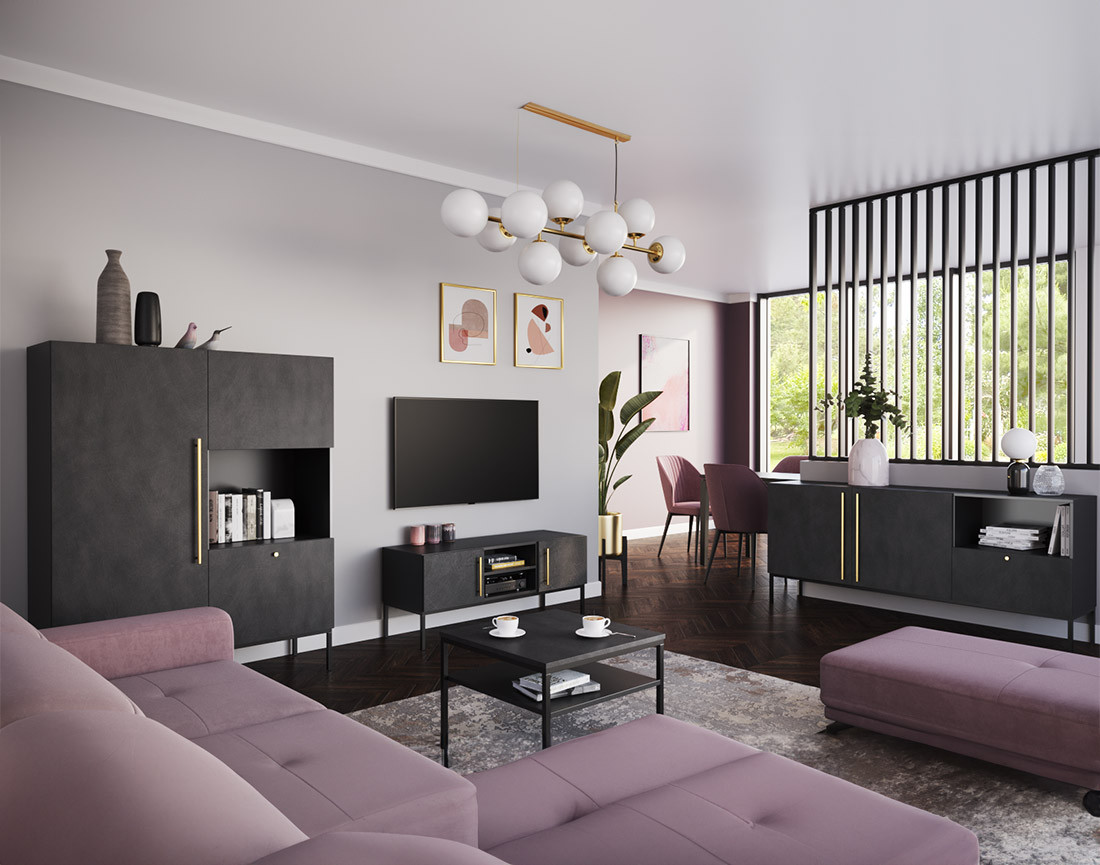 Buffet bas noir 2 portes, 1 tiroir et 1 niche 180 cm Felicia