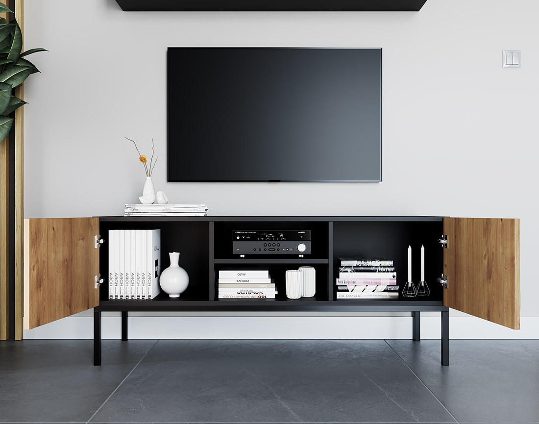 Meuble TV bois et noir 2 portes et 2 niches 120 cm Felicia