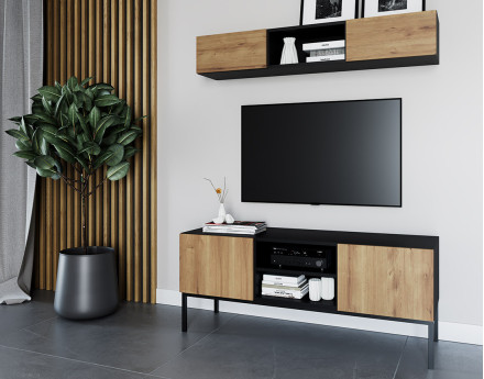 Meuble TV bois et noir 2 portes et 2 niches 120 cm Felicia