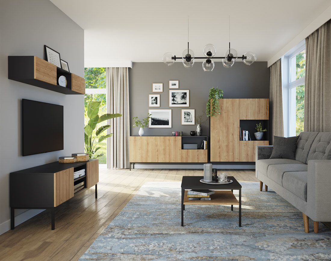 Meuble TV bois et noir 2 portes et 2 niches 120 cm Felicia