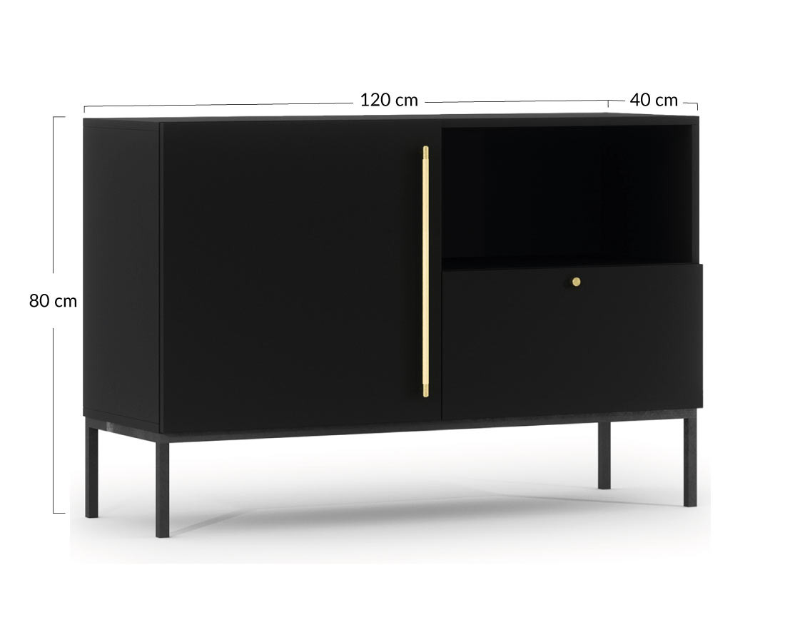 Buffet bas noir 1 porte, 1 tiroir et 1 niche 120 cm Felicia