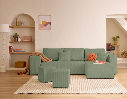 Canapé d'angle convertible en velours côtelé avec poufs Topaze