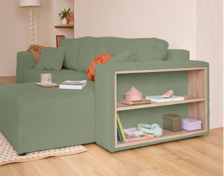 Canapé d'angle convertible en velours côtelé avec poufs Topaze