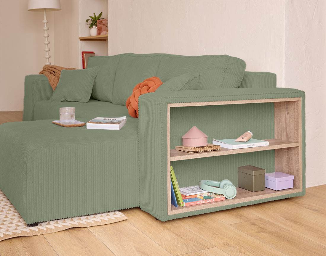 Canapé d'angle convertible en velours côtelé avec poufs Topaze