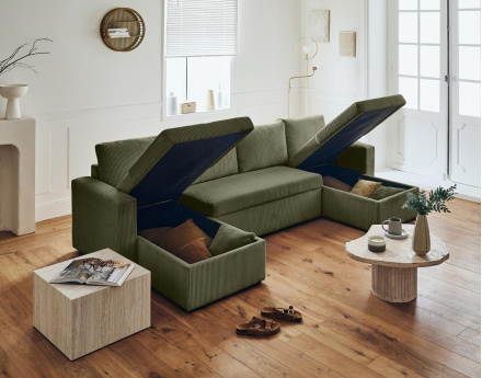 Canapé panoramique en U 7 places convertible avec coffre en velours côtelé Cyrus