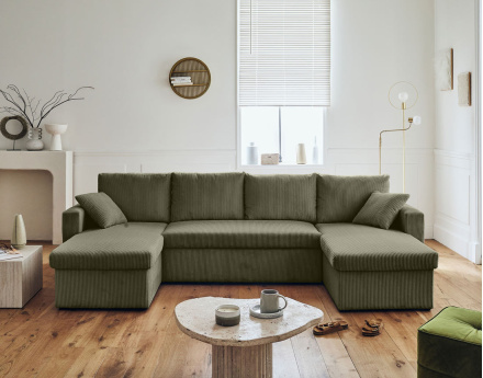 Canapé panoramique en U 7 places convertible avec coffre en velours côtelé Cyrus