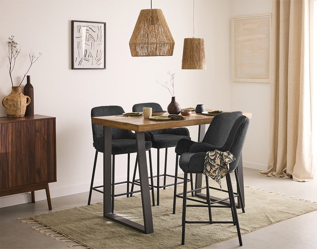 Lot de 2 chaises de bar en velours côtelé gris anthracite 65 cm Salinas