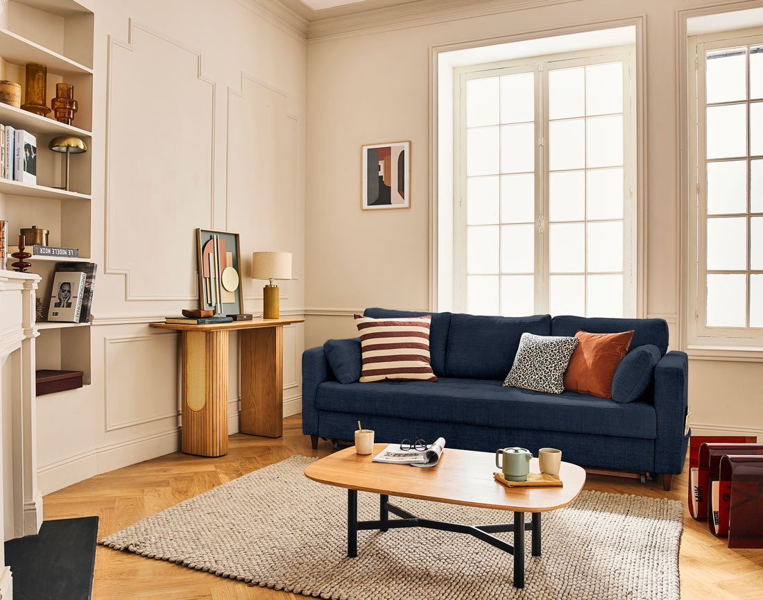 Canapé droit 3 places convertible avec poche en velours texturé Anna