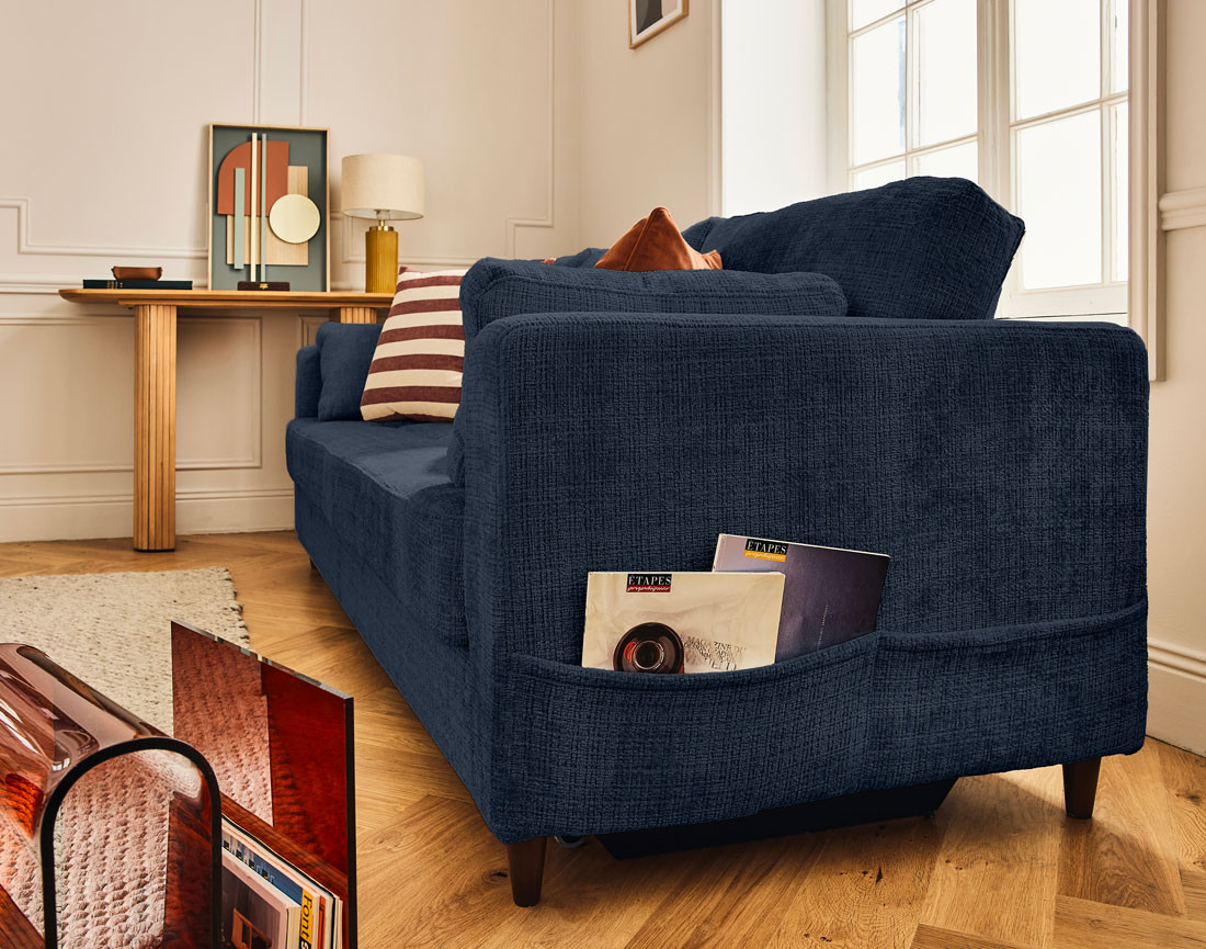 Canapé droit 3 places convertible avec poche en velours texturé Anna