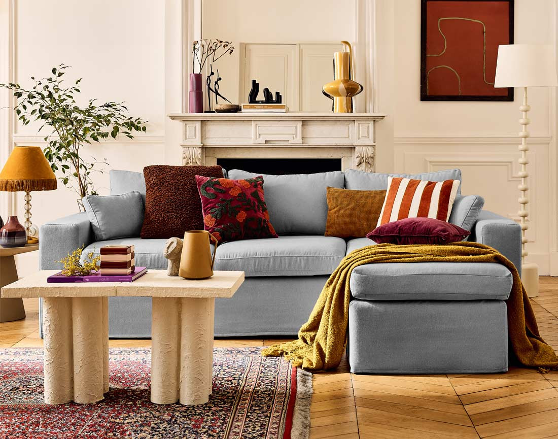 Housses en tissu pour canapé d'angle 3 places et 1 pouf Calgary