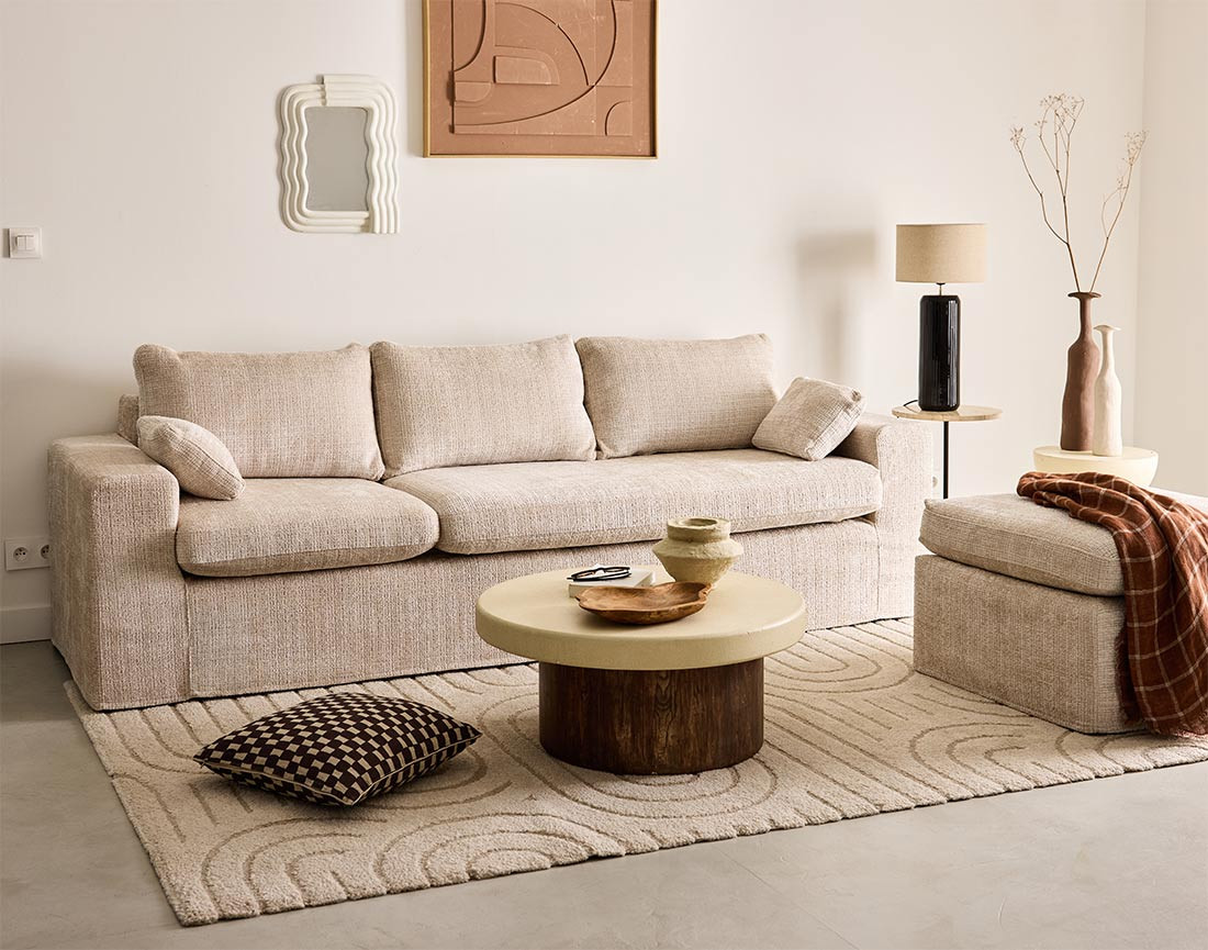 Housses en velours texturé pour canapé d'angle 3 places et 1 pouf Calgary