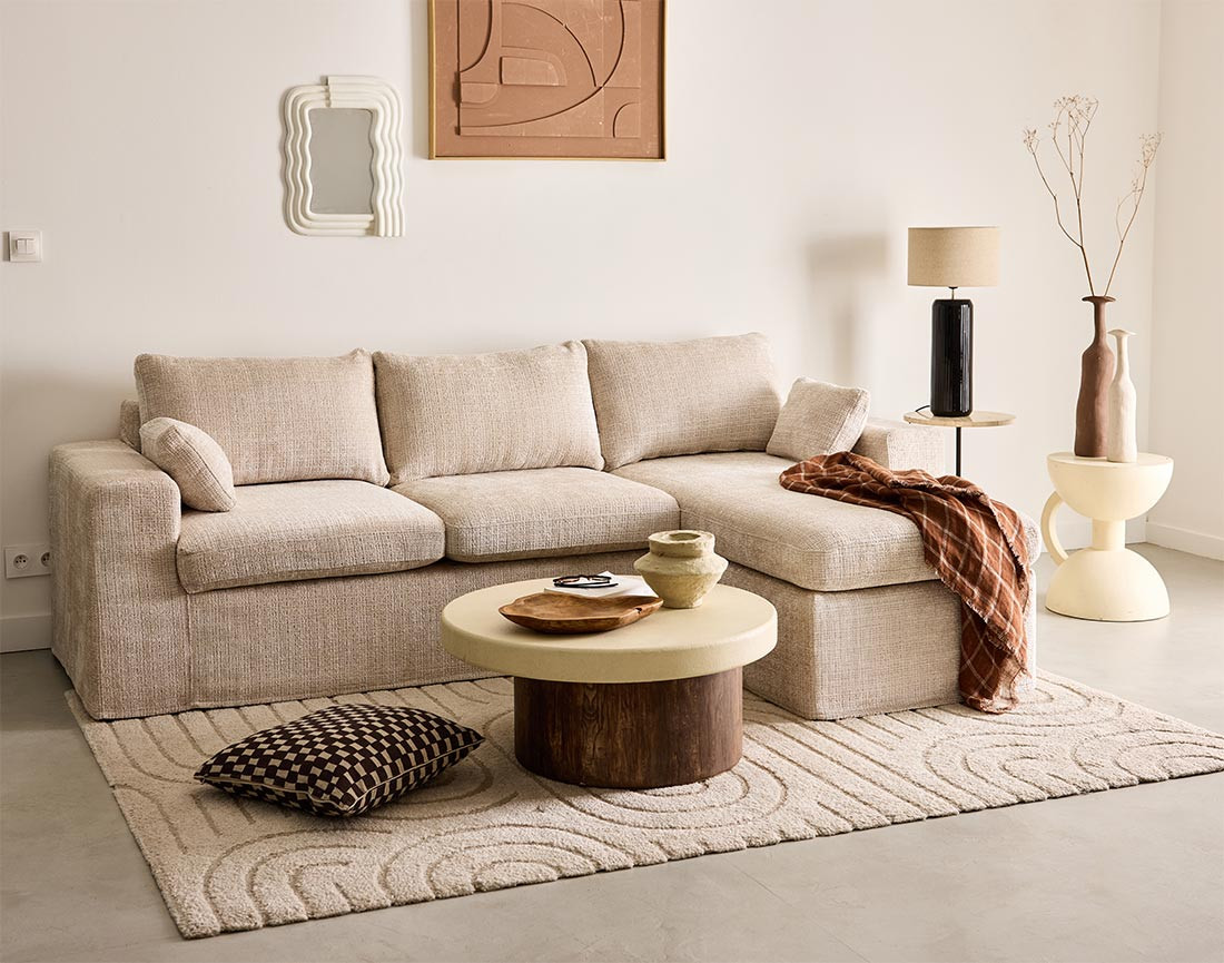 Housses en velours texturé pour canapé d'angle 3 places et 1 pouf Calgary