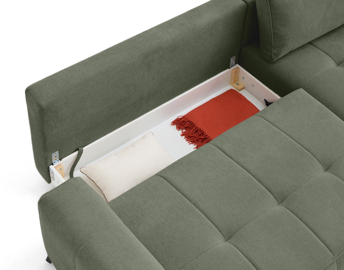 Canapé d'angle droit 4 places convertible avec coffre en tissu texturé Rimini