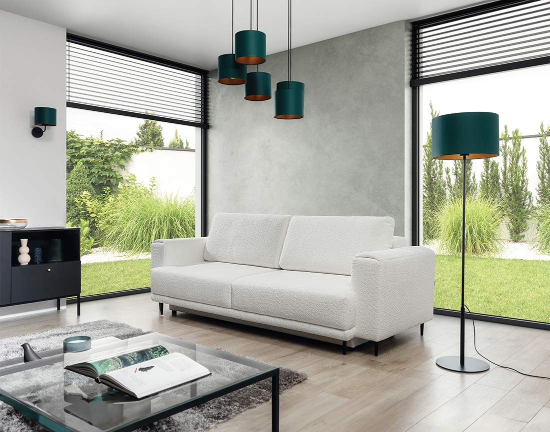 Canapé droit 3 places convertible avec coffre en tissu bouclette Maddie