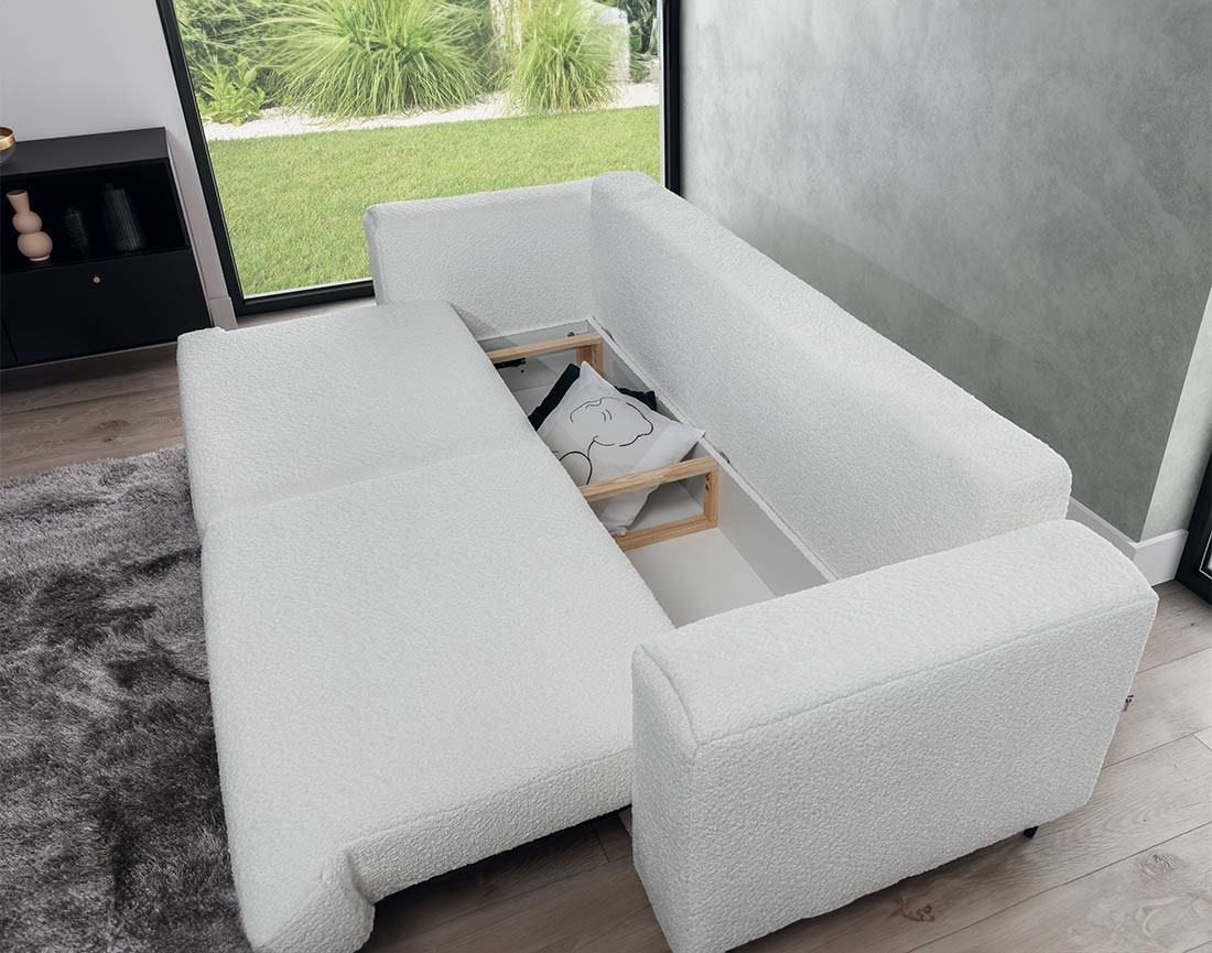 Canapé droit 3 places convertible avec coffre en tissu bouclette Maddie