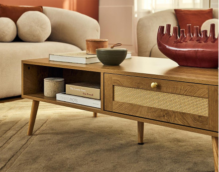 Table basse bois et cannage 1 tiroir et 1 niche 110 cm Goto