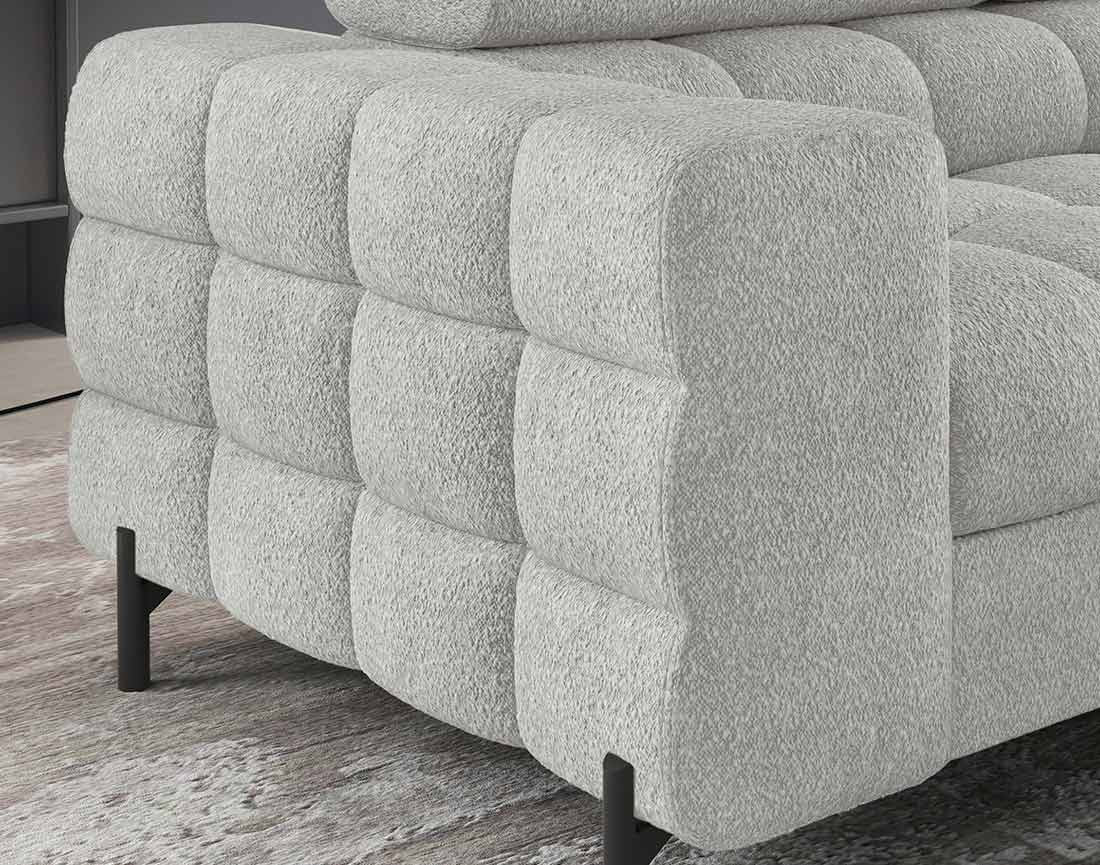 Canapé d'angle droit 5 places convertible avec coffre et têtières réglables en tissu bouclette Elisa