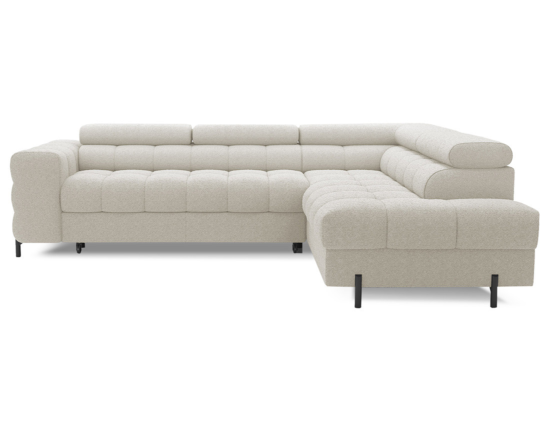 Canapé d'angle droit 5 places convertible avec coffre et têtières réglables en tissu bouclette Elisa