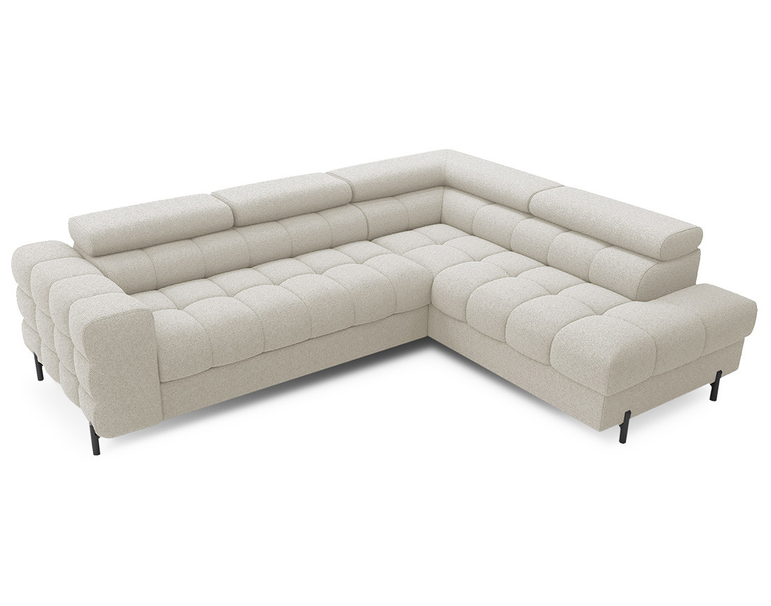 Canapé d'angle droit 5 places convertible avec coffre et têtières réglables en tissu bouclette Elisa
