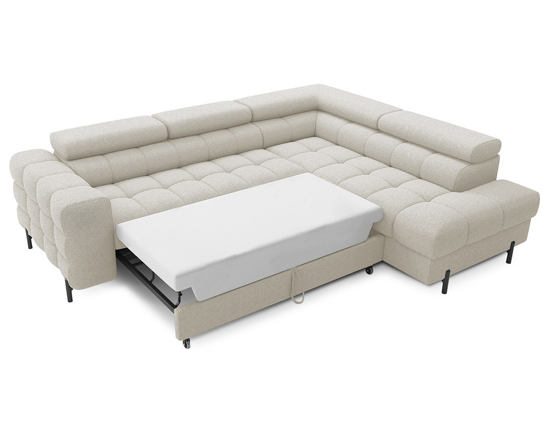 Canapé d'angle droit 5 places convertible avec coffre et têtières réglables en tissu bouclette Elisa
