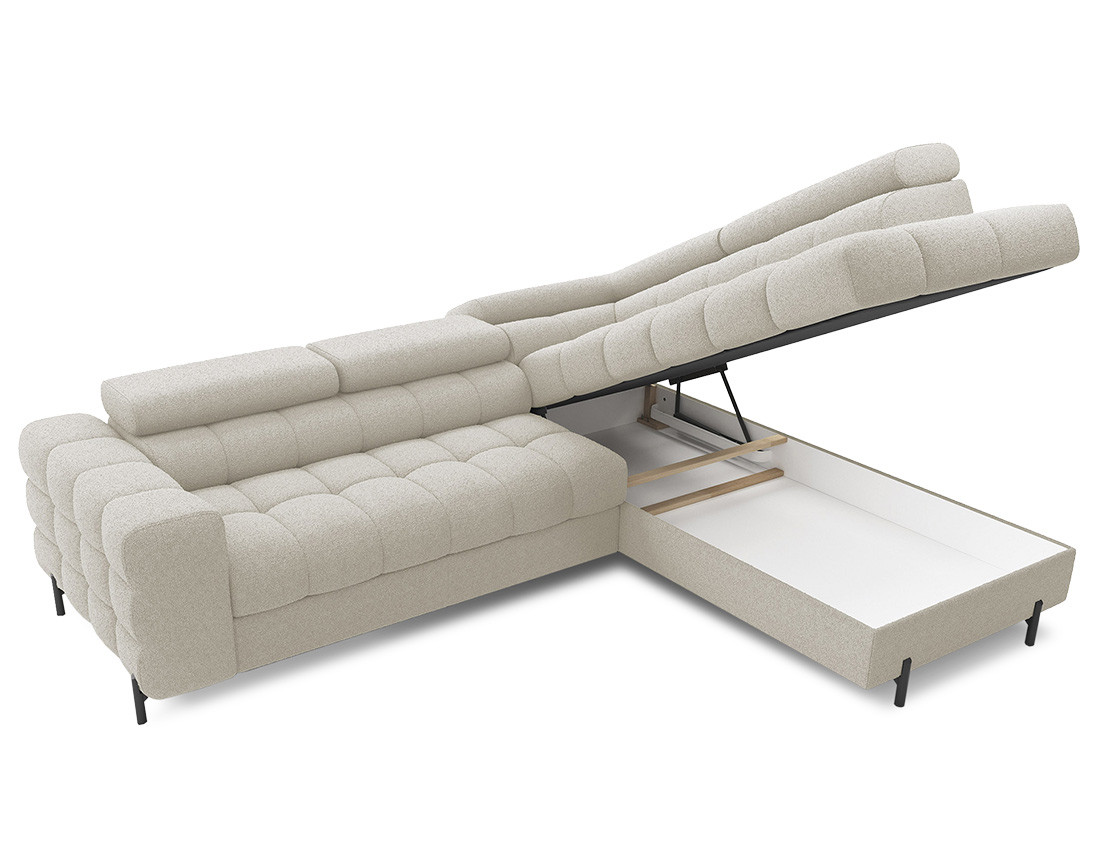 Canapé d'angle droit 5 places convertible avec coffre et têtières réglables en tissu bouclette Elisa