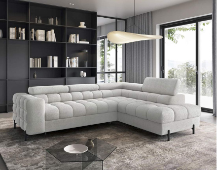 Canapé d'angle droit 5 places convertible avec coffre et têtières réglables en tissu bouclette Elisa