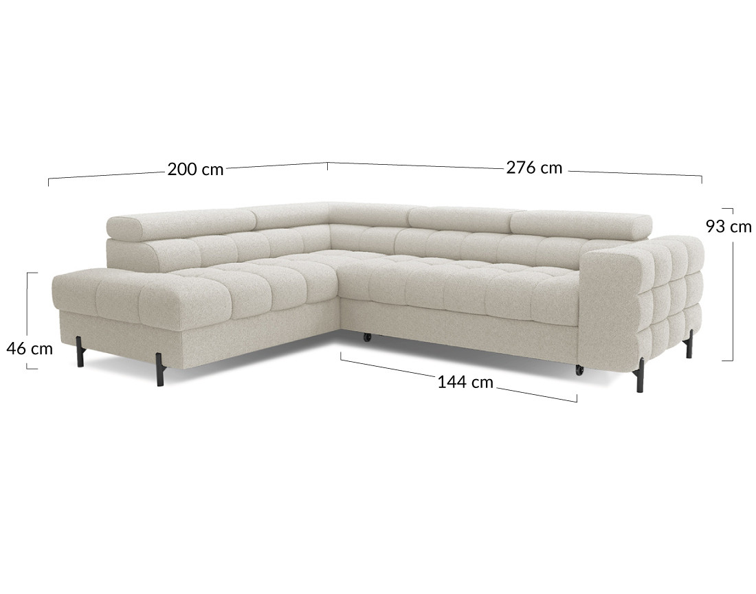 Canapé d'angle gauche 5 places convertible avec coffre et têtières réglables en tissu bouclette Elisa