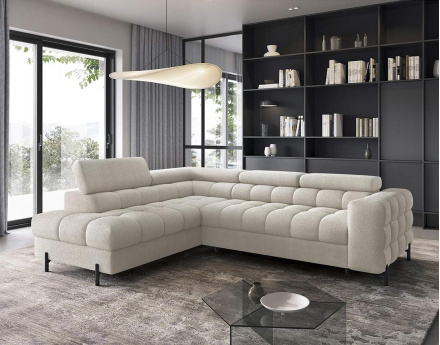 Canapé d'angle gauche 5 places convertible avec coffre et têtières réglables en tissu bouclette Elisa