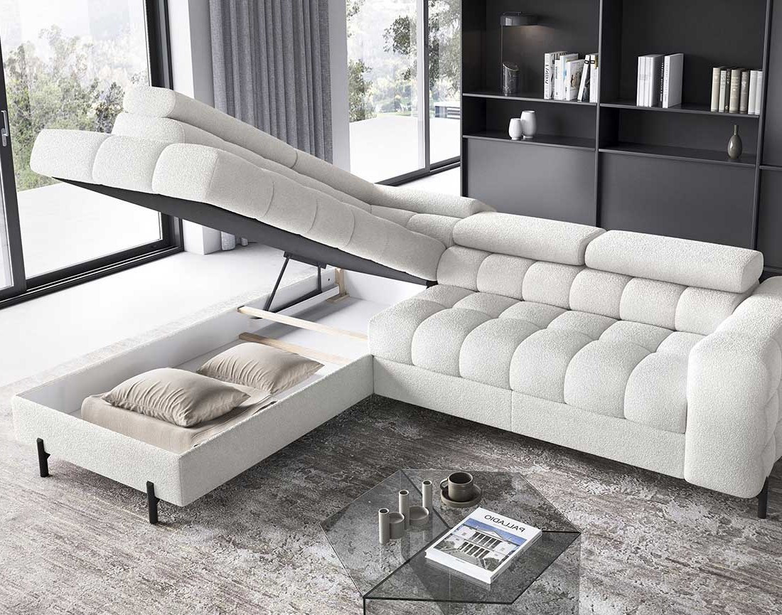 Canapé d'angle gauche 5 places convertible avec coffre et têtières réglables en tissu bouclette Elisa