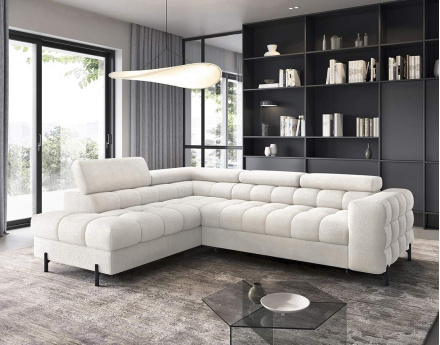 Canapé d'angle gauche 5 places convertible avec coffre et têtières réglables en tissu bouclette Elisa