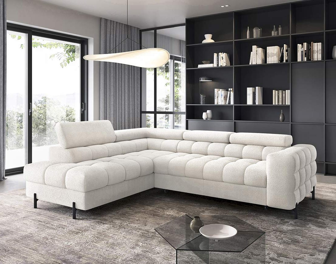 Canapé d'angle gauche 5 places convertible avec coffre et têtières réglables en tissu bouclette Elisa