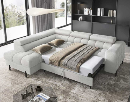 Canapé d'angle gauche 5 places convertible avec coffre et têtières réglables en tissu bouclette Elisa