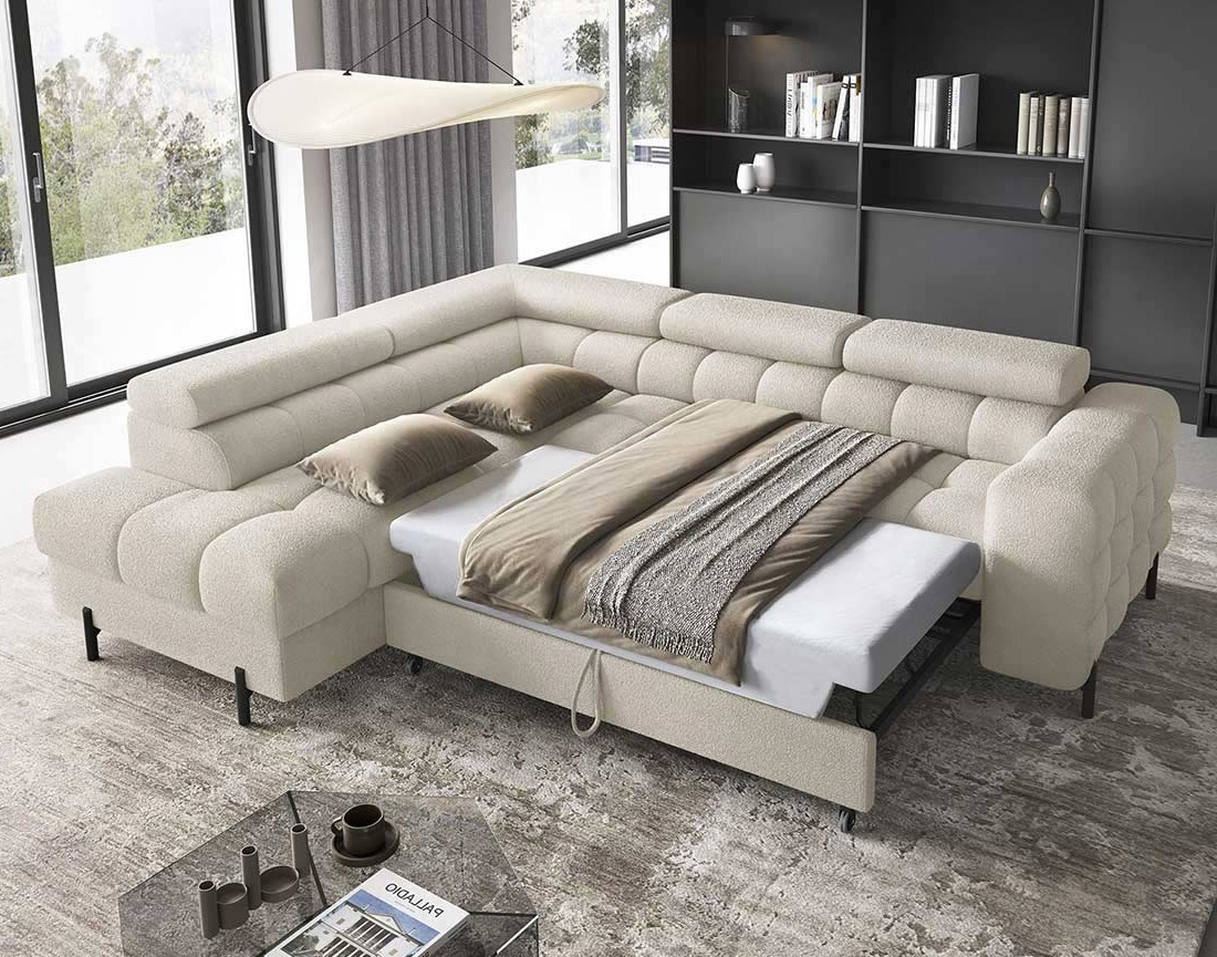 Canapé d'angle gauche 5 places convertible avec coffre et têtières réglables en tissu bouclette Elisa