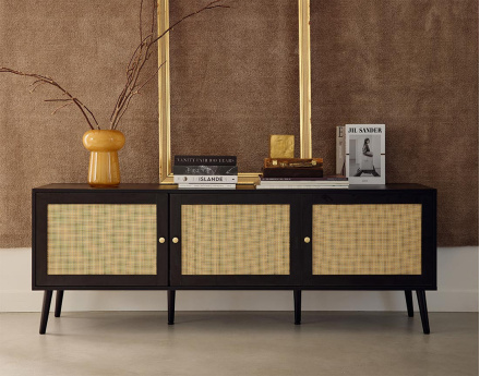 Meuble TV noir et cannage 3 portes 167 cm Goto