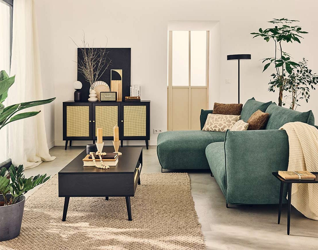 Canapé d'angle gauche 4 places convertible avec coffre en tissu Gianni