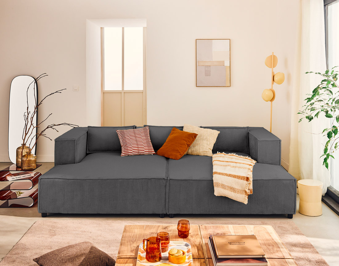 Canapé droit 3 places avec double méridienne - assise profonde - en velours côtelé Stella