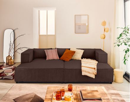 Canapé droit 3 places avec double méridienne - assise profonde - en velours côtelé Stella