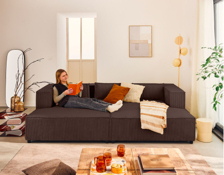 Canapé droit 3 places avec double méridienne - assise profonde - en velours côtelé Stella