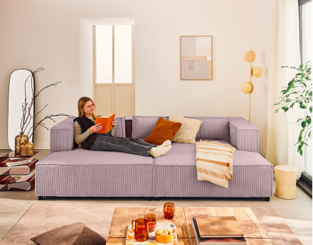 Canapé droit 3 places avec double méridienne - assise profonde - en velours côtelé Stella