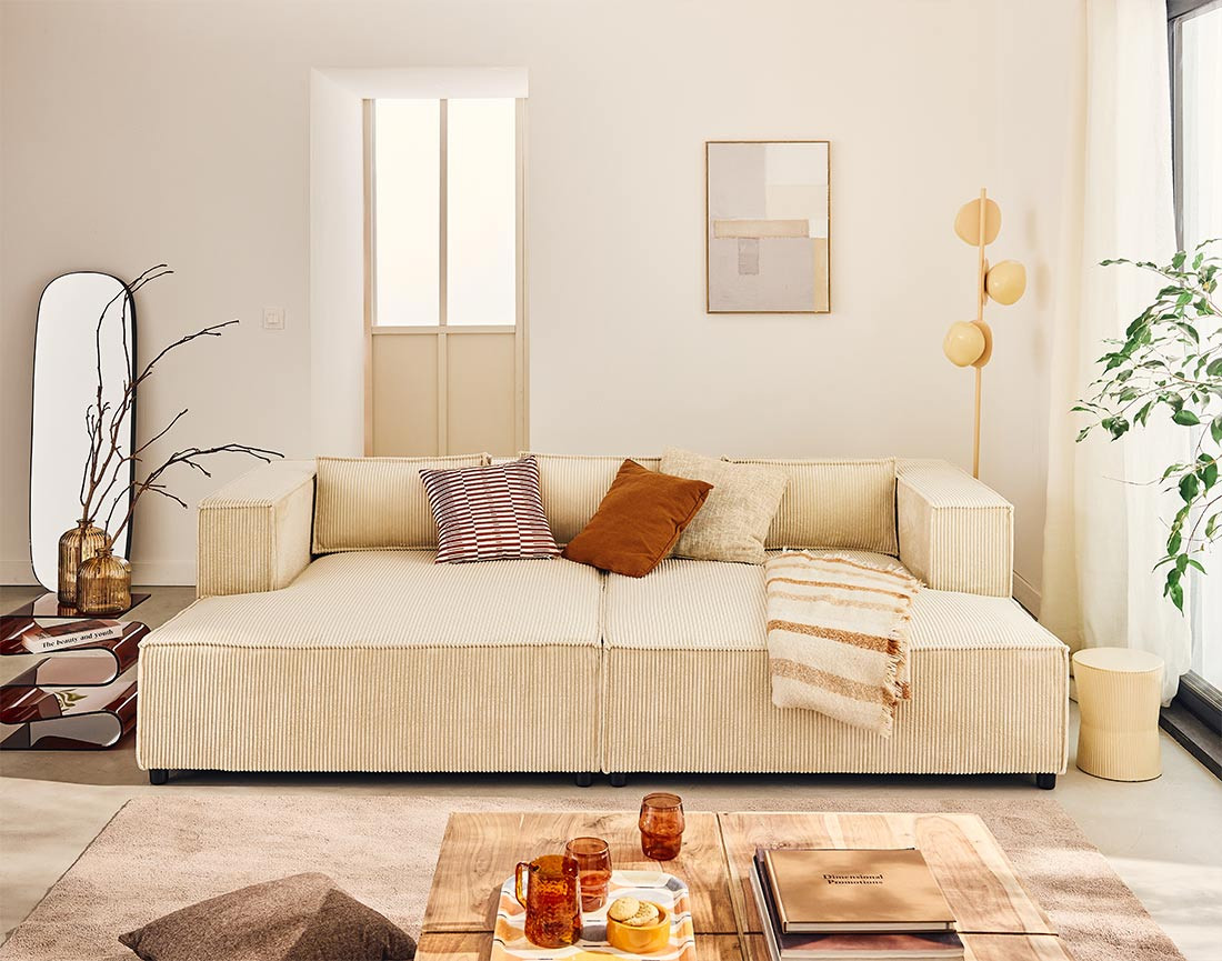 Canapé droit 3 places avec double méridienne - assise profonde - en velours côtelé Stella