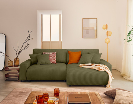 Canapé d'angle réversible 4 places convertible avec deux coffres en velours côtelé Pivoine