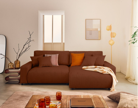 Canapé d'angle réversible 4 places convertible avec deux coffres en velours côtelé Pivoine