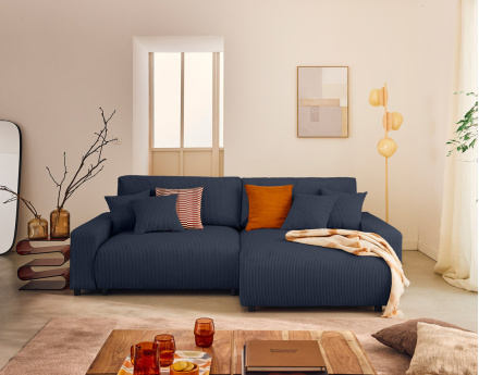 Canapé d'angle réversible 4 places convertible avec deux coffres en velours côtelé Pivoine