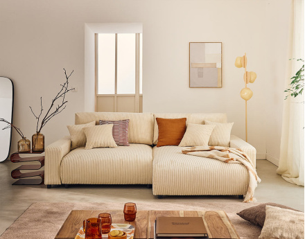 Canapé d'angle réversible 4 places convertible avec deux coffres en velours côtelé Pivoine